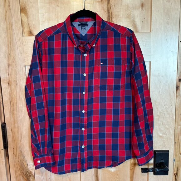 Tommy Hilfiger Plaid Dress Shirt XL 20 Blue Red Plaid Button Down Collar - Picture 1 of 6
